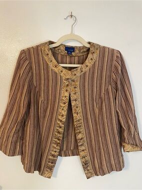 JH Collectibles Striped Cropped Jacket B005 Gold Embroidered Trim Tan Brown Boho